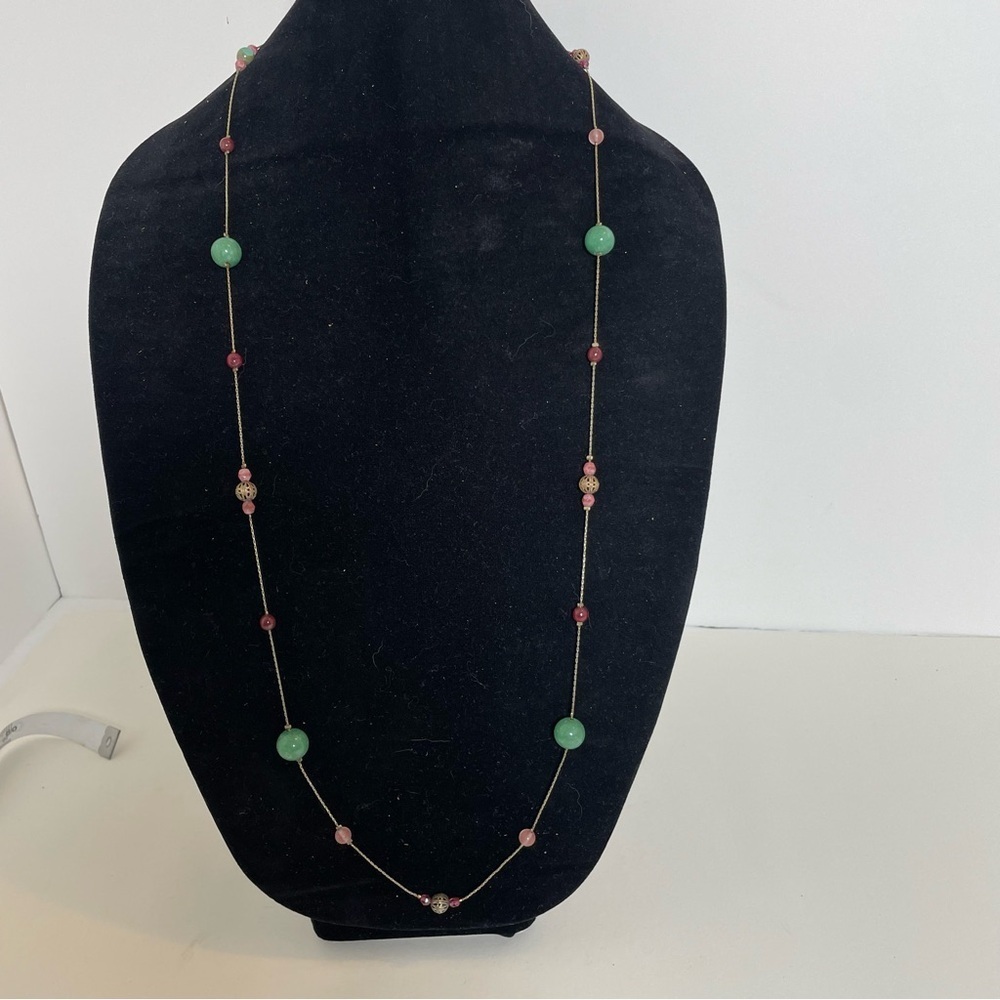 Vintage Boho Green,Red, Pink and Brass Ball Beaded 19” Drop Long Necklace - Picture 2 of 7